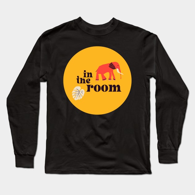 Elephant in the room: Retro font and art in bright red and yellow (with bonus monstera leaf) Long Sleeve T-Shirt by PlanetSnark